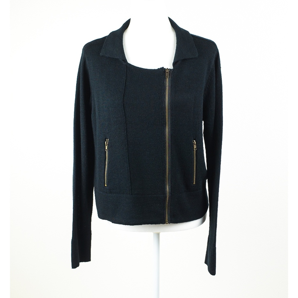 NEW Linda Lucia Moto Zip Black Cardigan Sweater L